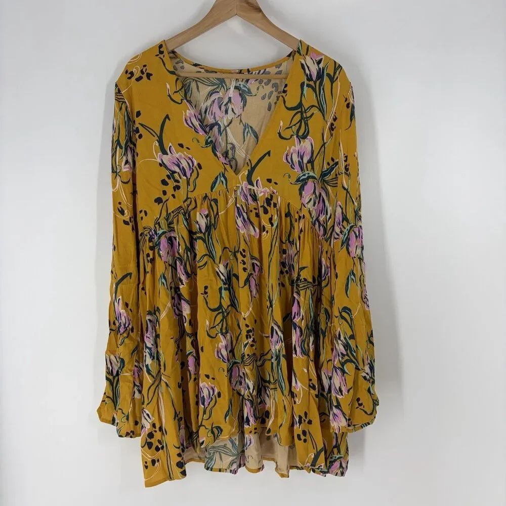 Free People Bella Tunic Top Size Large Gold Yellow Floral Print Babydoll Boho